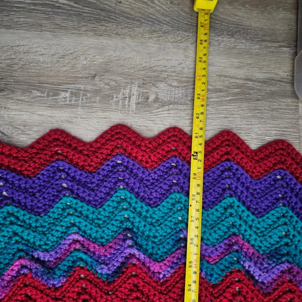 Handmade Crochet Afghan Blanket Chevron‎ Ripple Red Purple Teal Throw 62x48